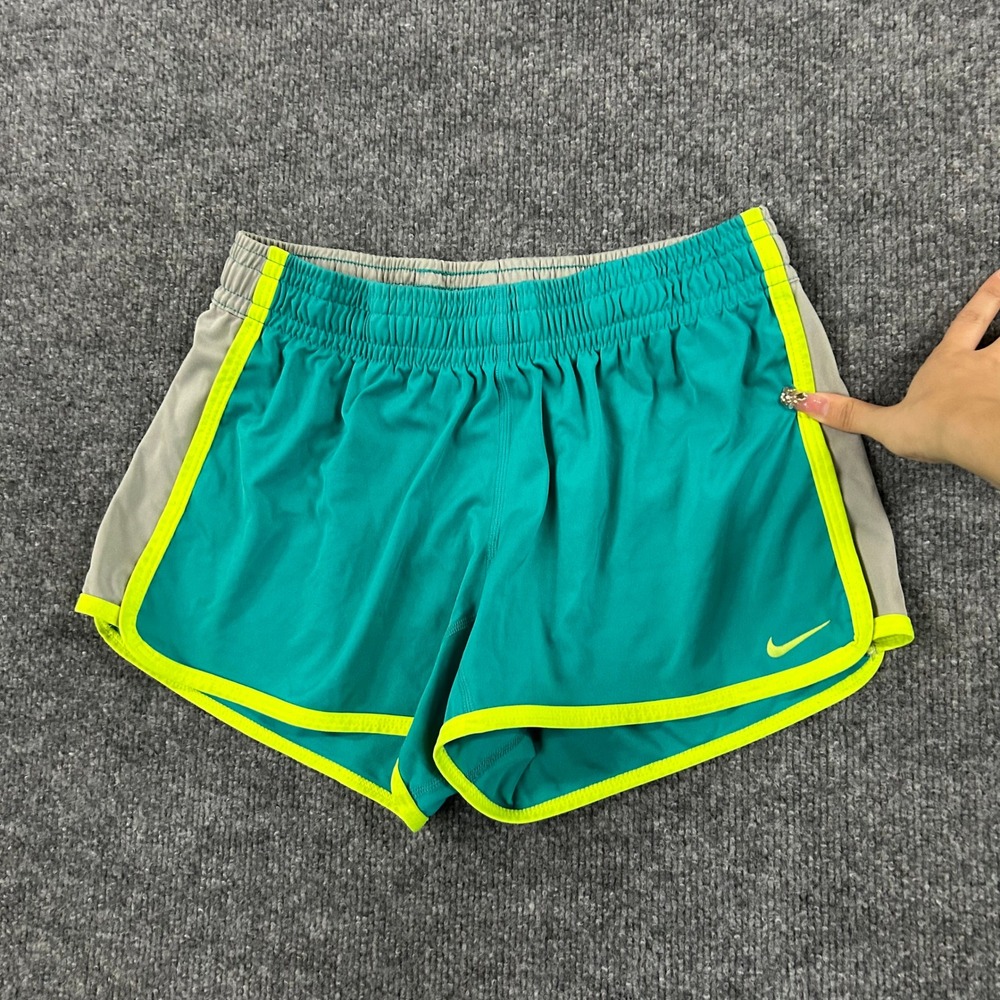Nike Shorts Womens Size S Teal Dri-Fit Running Athletic Neon Trim Grey Workout